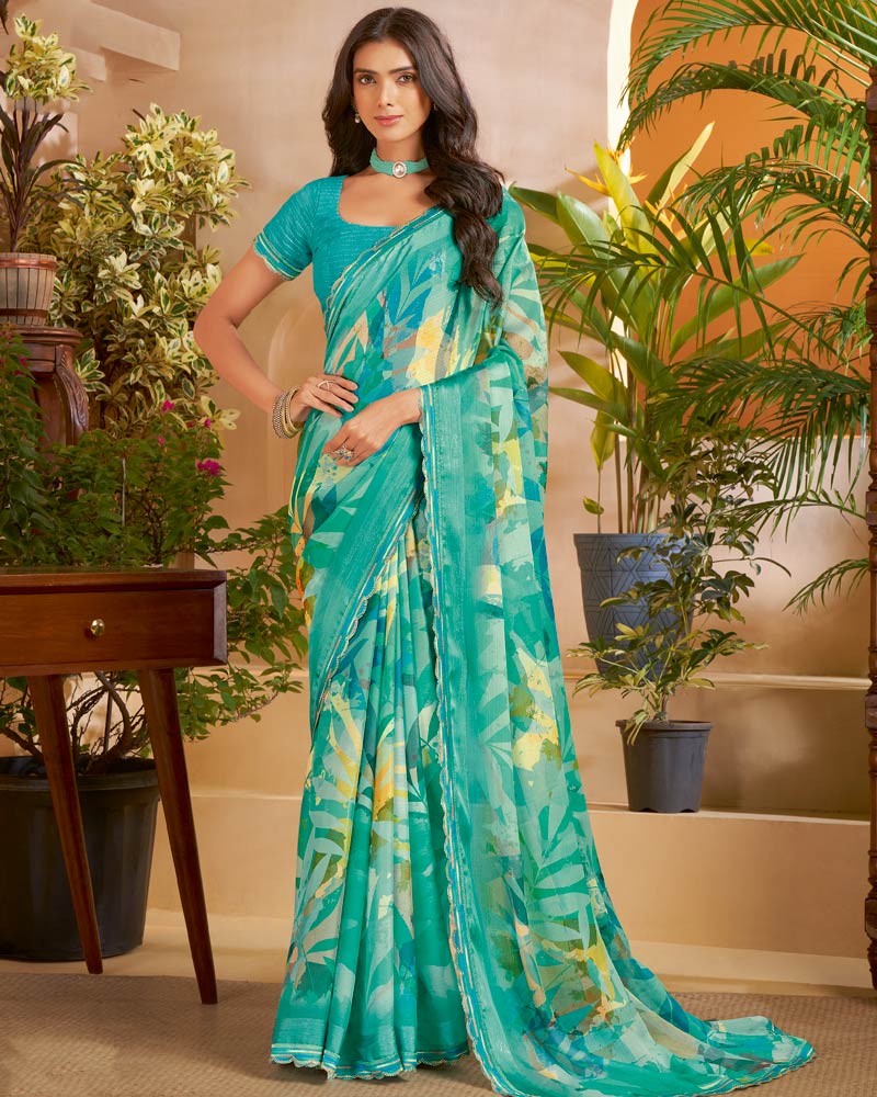Vishal Prints Light Sea Green Designer Patterned Chiffon Digital Print Saree With Fancy Cut Work Border