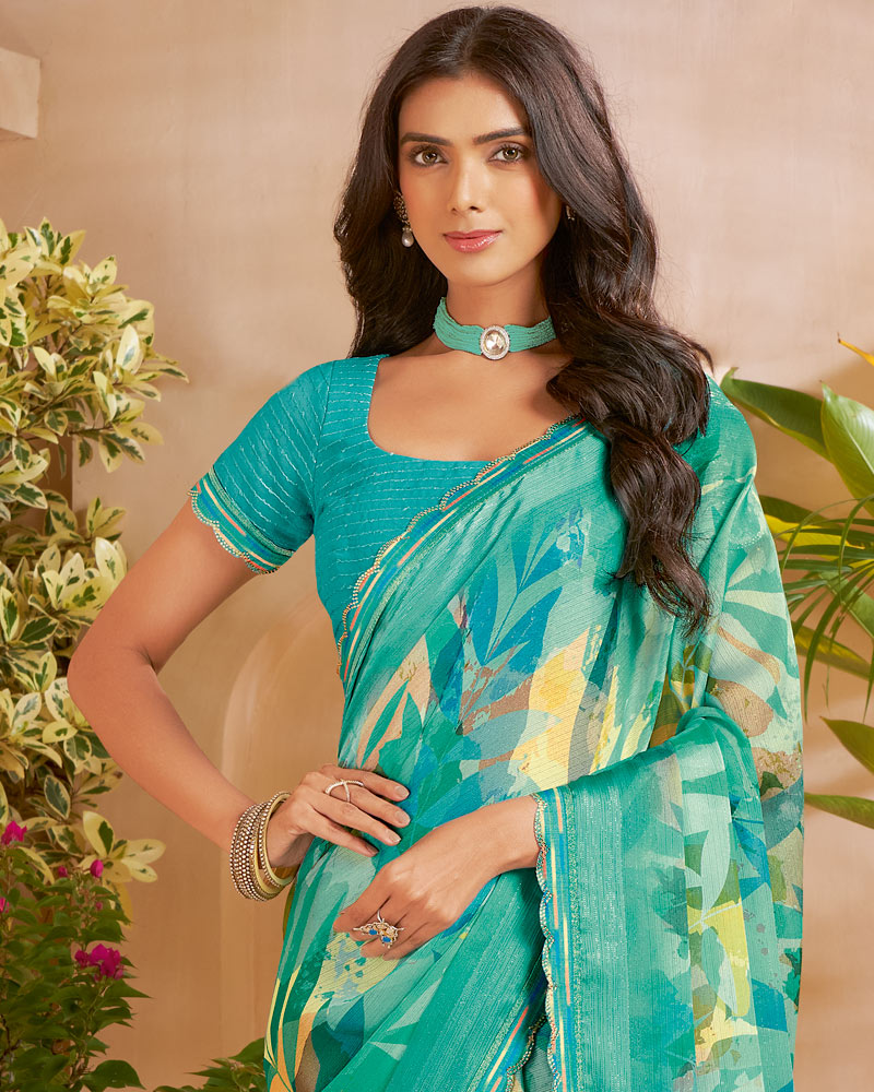 Vishal Prints Light Sea Green Designer Patterned Chiffon Digital Print Saree With Fancy Cut Work Border