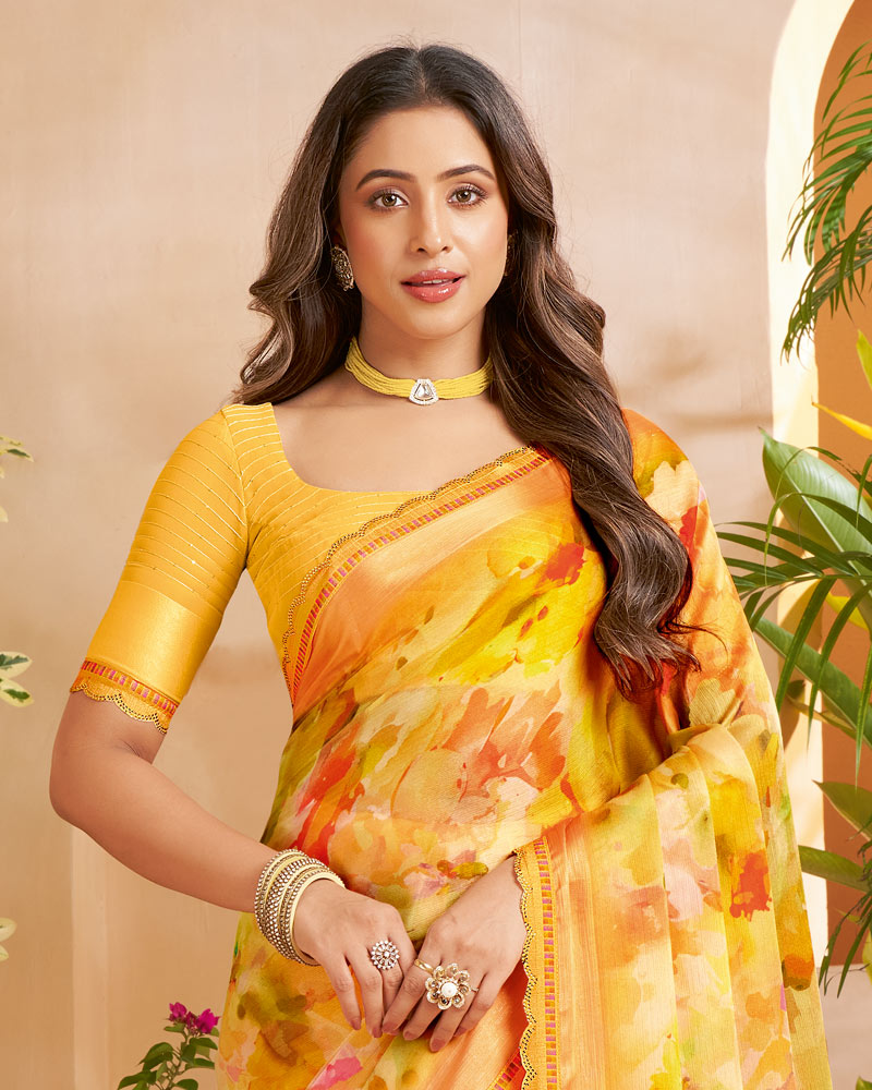 Vishal Prints Apricot Orange Designer Patterned Chiffon Digital Print Saree With Fancy Cut Work Border