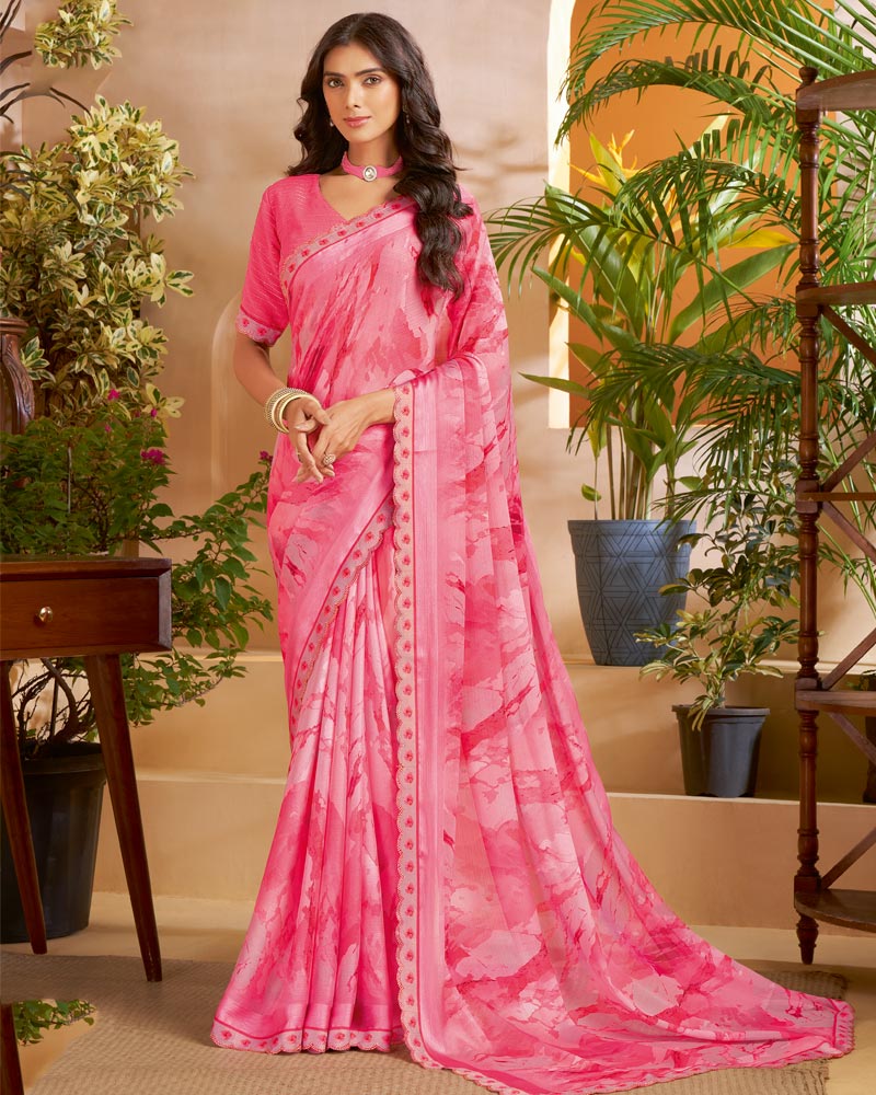 Vishal Prints Rosy And Raspberry Pink Designer Patterned Chiffon Digital Print Saree With Fancy Cut Work Border