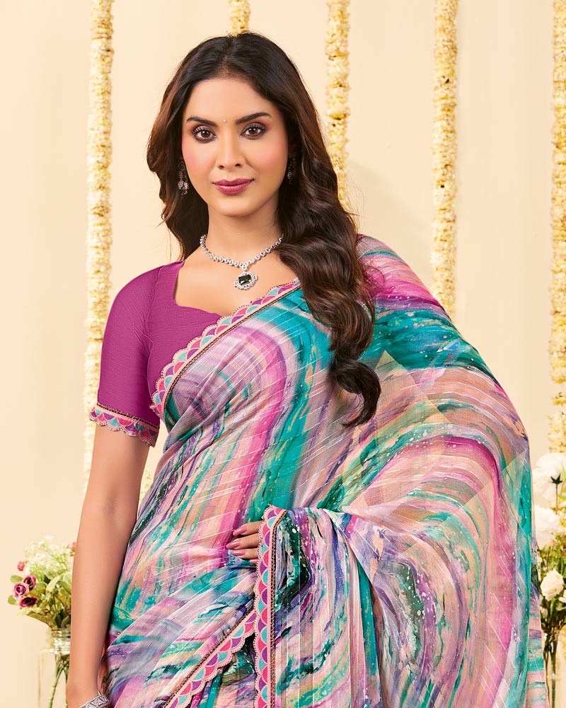 Vishal Prints Multicolor Designer Patterned Chiffon Digital Print Saree With Cut Work Border