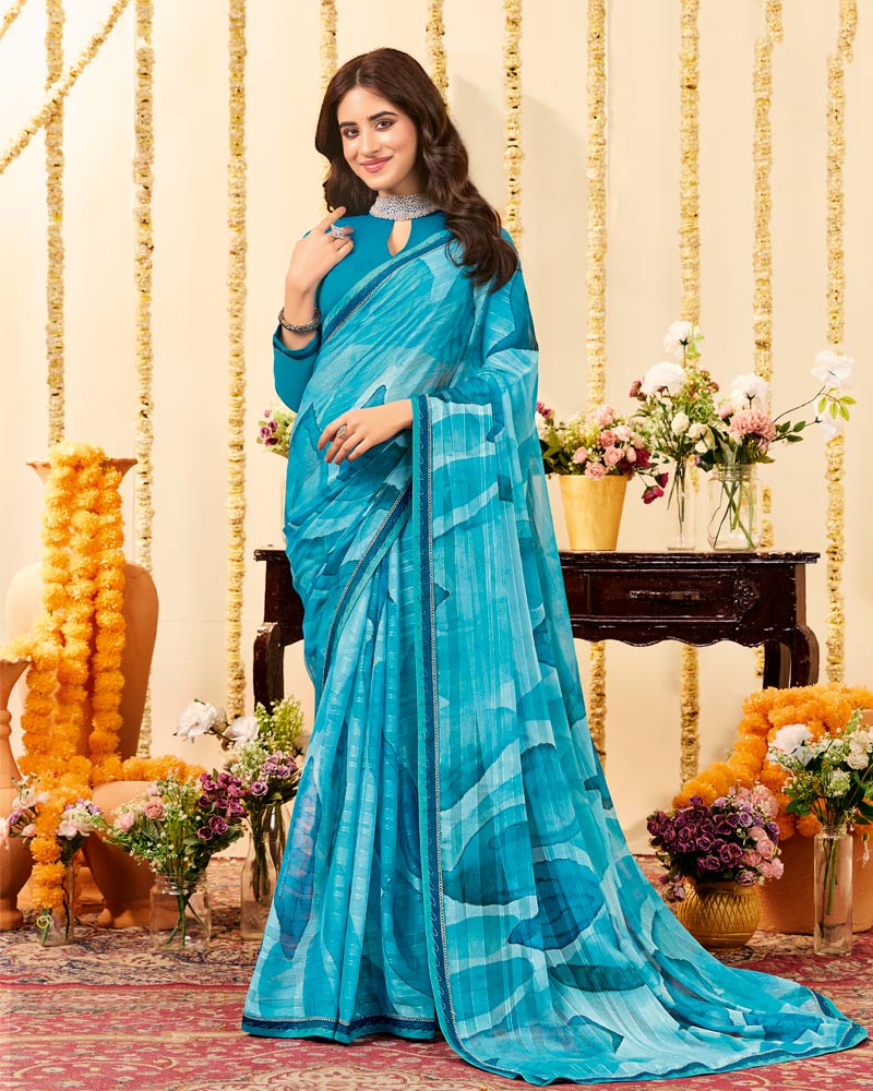 Vishal Prints Fountain Blue Designer Patterned Chiffon Digital Print Saree With Fancy Border