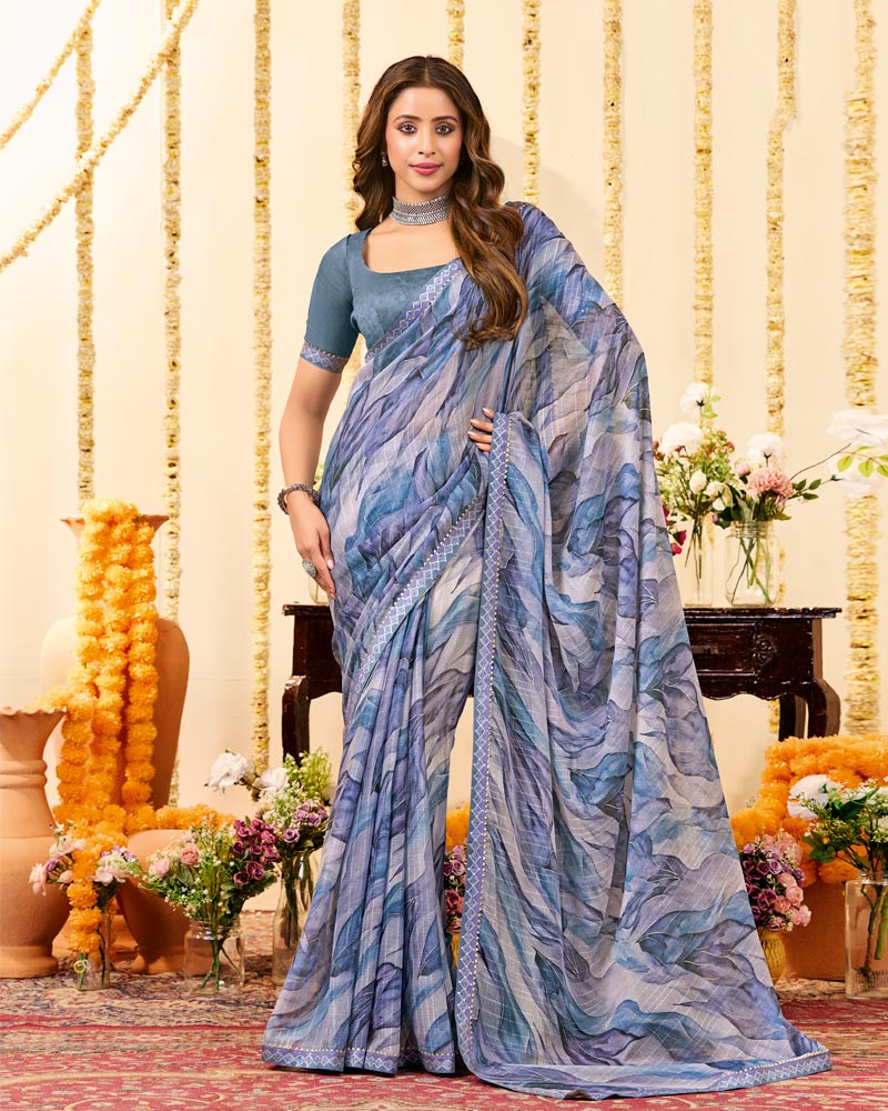 Vishal Prints Pastel Greyish Blue Designer Patterned Chiffon Digital Print Saree With Fancy Border