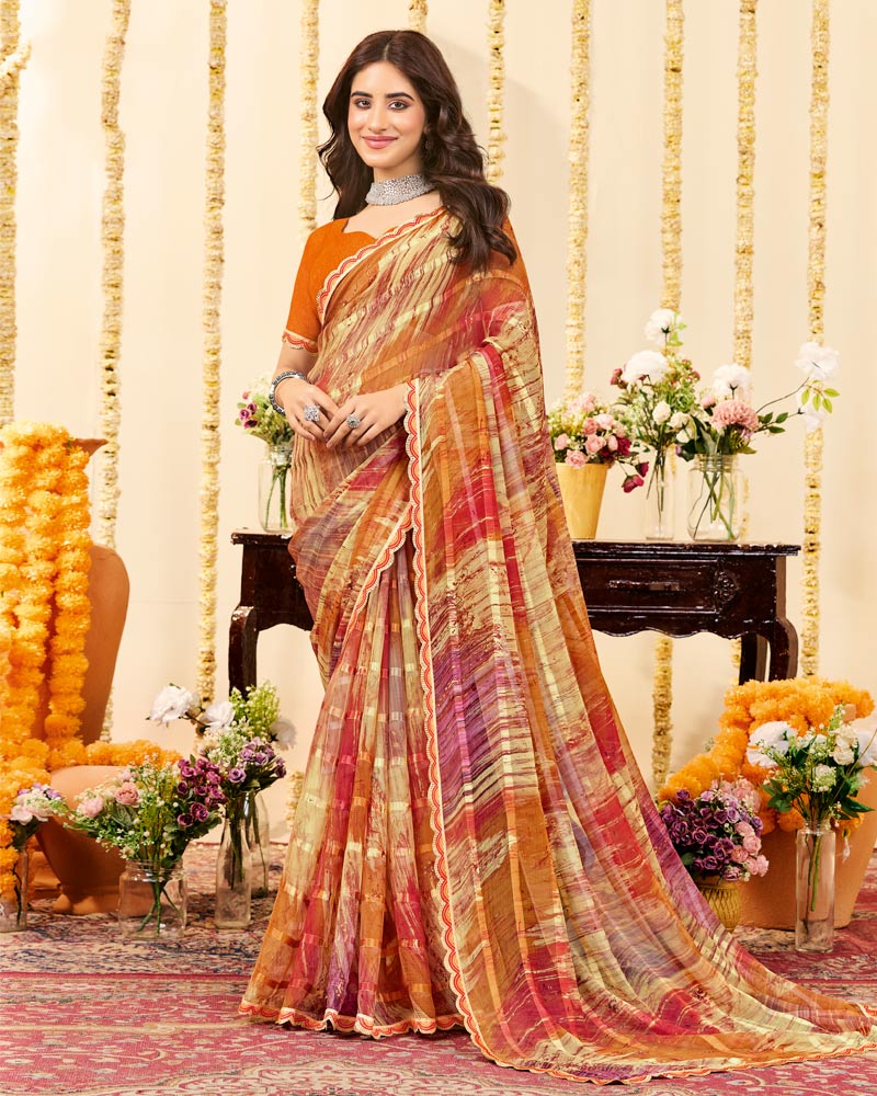 Vishal Prints Brownish Orange Designer Patterned Chiffon Digital Print Saree With Cut Work Border