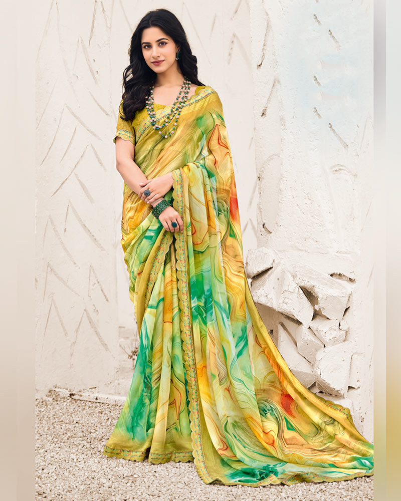 Vishal Prints Turmeric Yellow Designer Fancy Chiffon Digital Print Saree With Cut Work Border