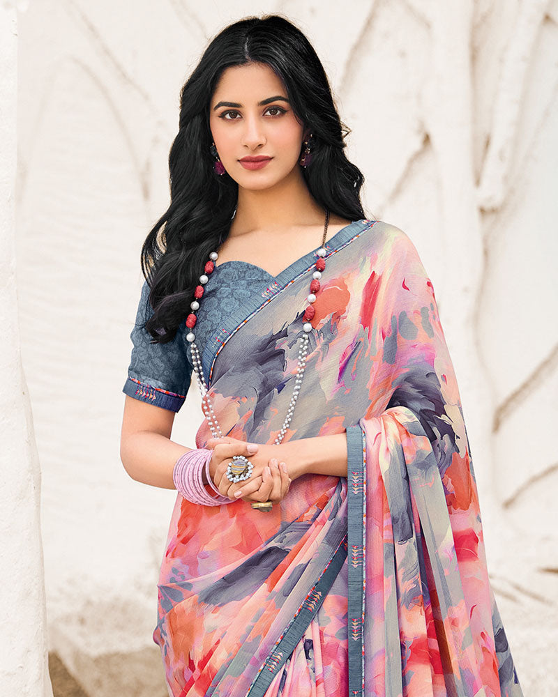 Vishal Prints Slate Grey Designer Fancy Chiffon Digital Print Saree With Border