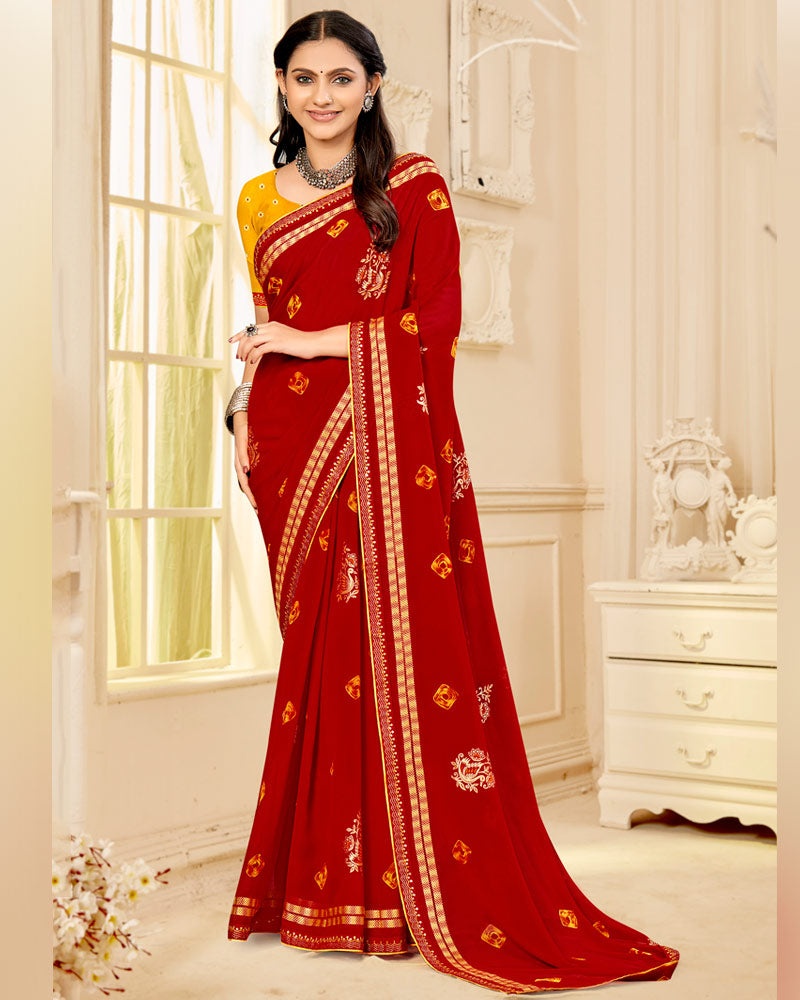 Vishal Prints Crimson Red Printed Georgette Traditional Print Saree With Foil Print And Viscose-Embroidery Border