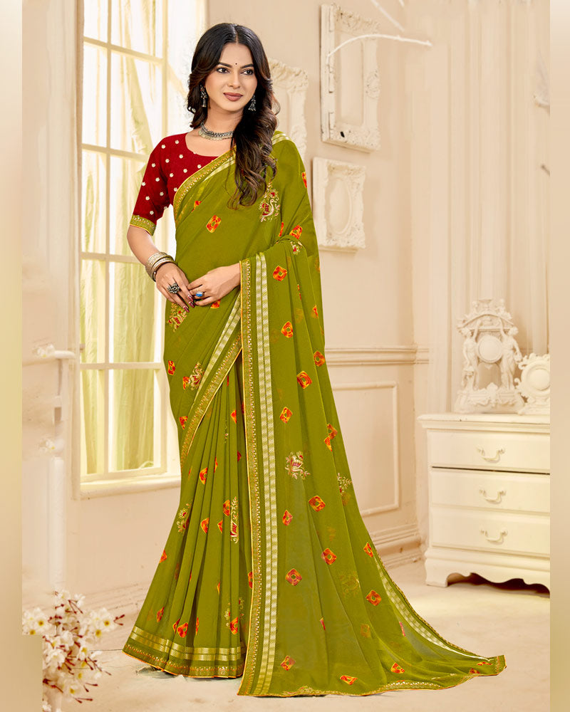 Vishal Prints Olive Yellow Printed Georgette Traditional Print Saree With Foil Print And Viscose-Embroidery Border