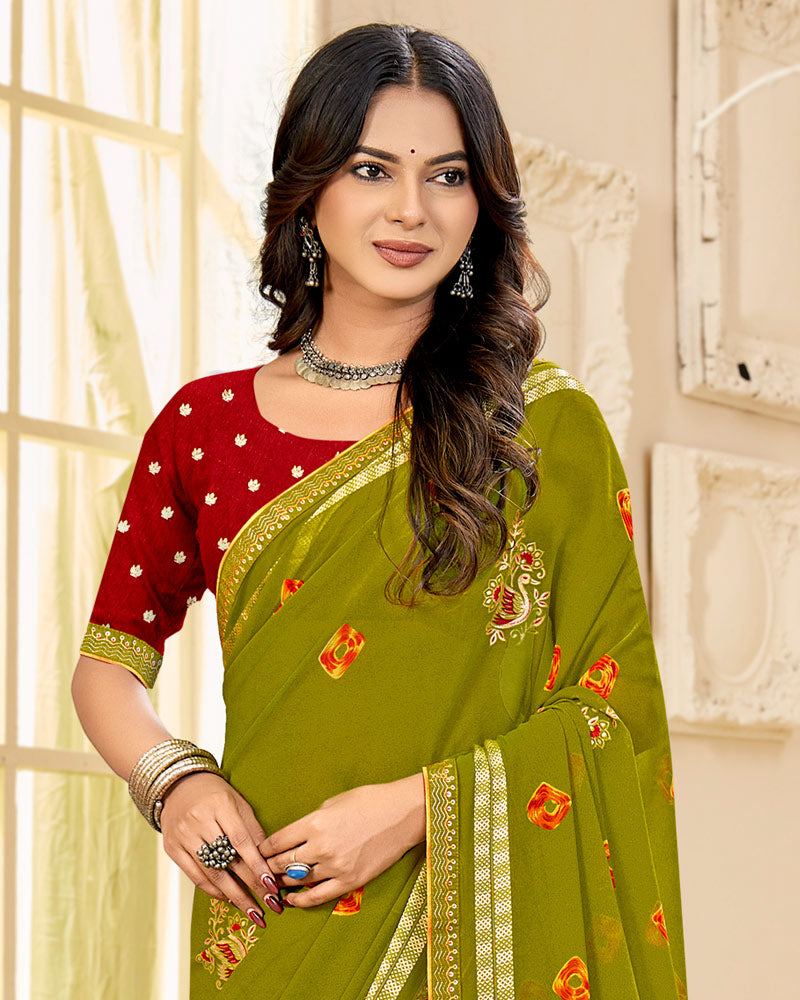 Vishal Prints Olive Yellow Printed Georgette Traditional Print Saree With Foil Print And Viscose-Embroidery Border