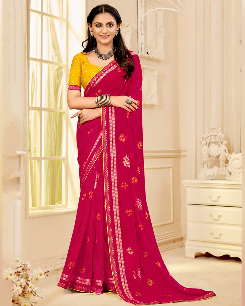 Vishal Prints Red Pink Printed Georgette Traditional Print Saree With Foil Print And Viscose-Embroidery Border