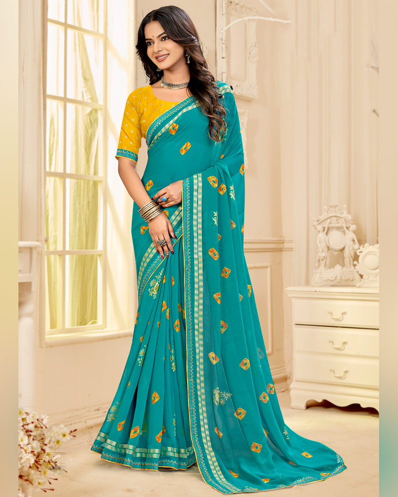 Vishal Prints Ocean Blue Printed Georgette Traditional Print Saree With Foil Print And Viscose-Embroidery Border