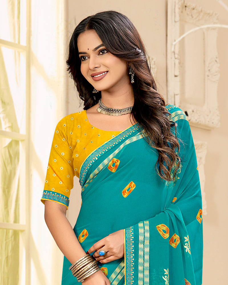 Vishal Prints Ocean Blue Printed Georgette Traditional Print Saree With Foil Print And Viscose-Embroidery Border
