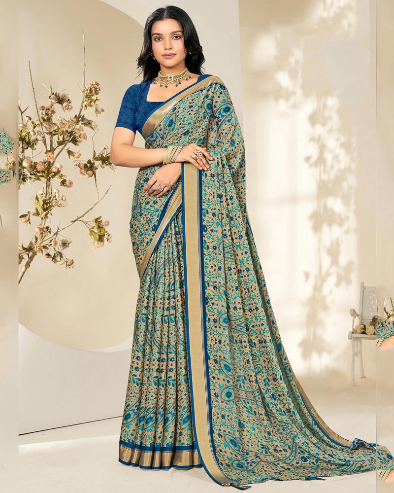 Vishal Prints Mint Green And Pastel Biege Criva Crepe Digital Print Saree With Weaved Viscose Patta