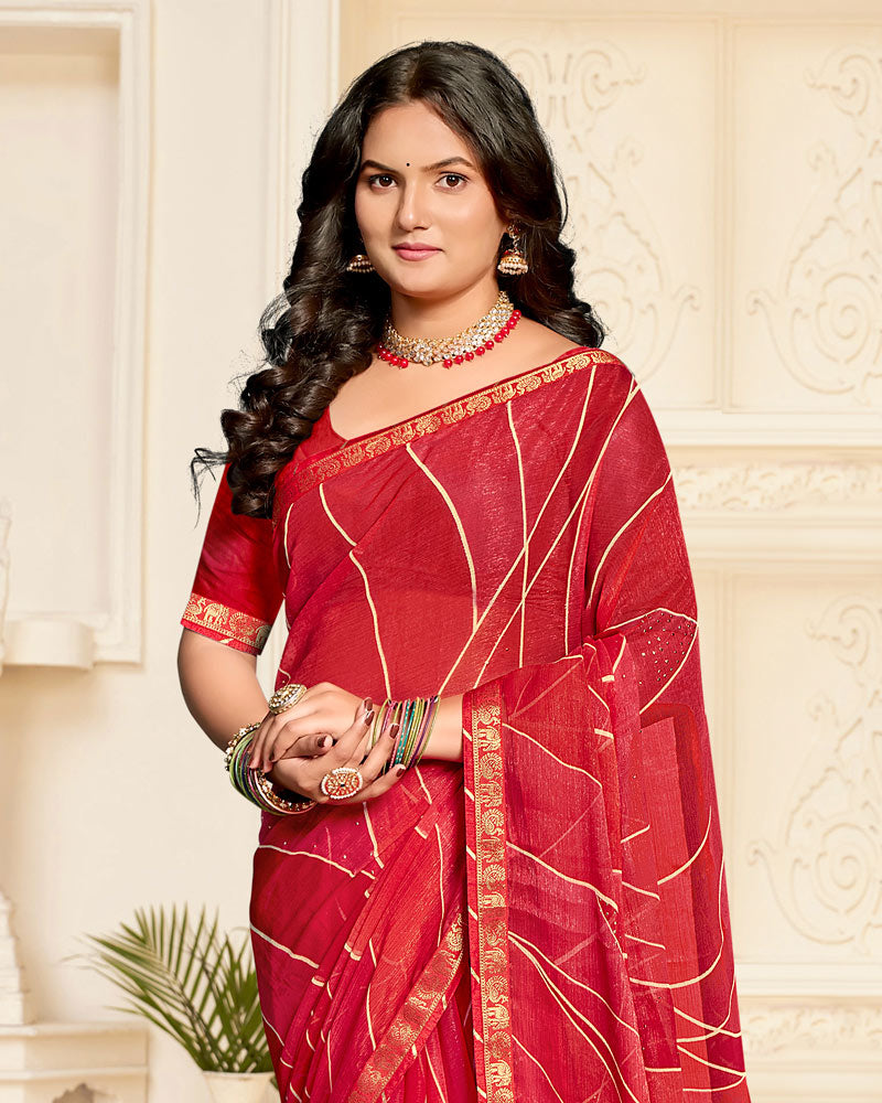 Vishal Prints Persian Red Printed Chiffon Saree With Diamond Work And Zari Border