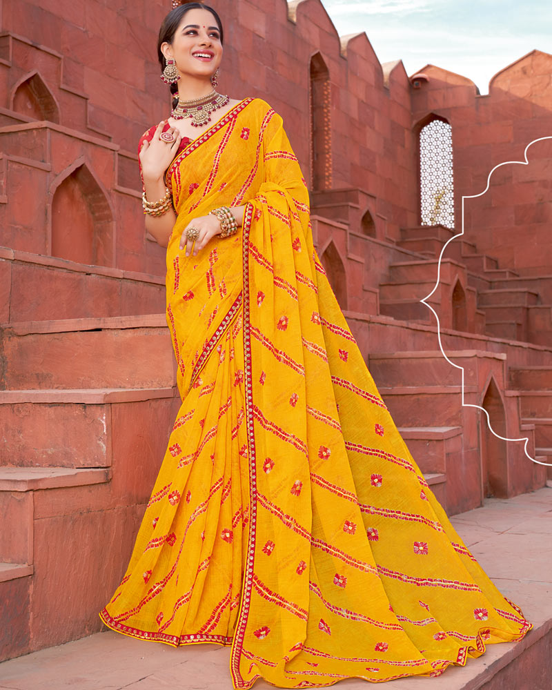Vishal Prints Dark Yellow Printed Fancy Chiffon Traditional Saree With Foil Print And Border