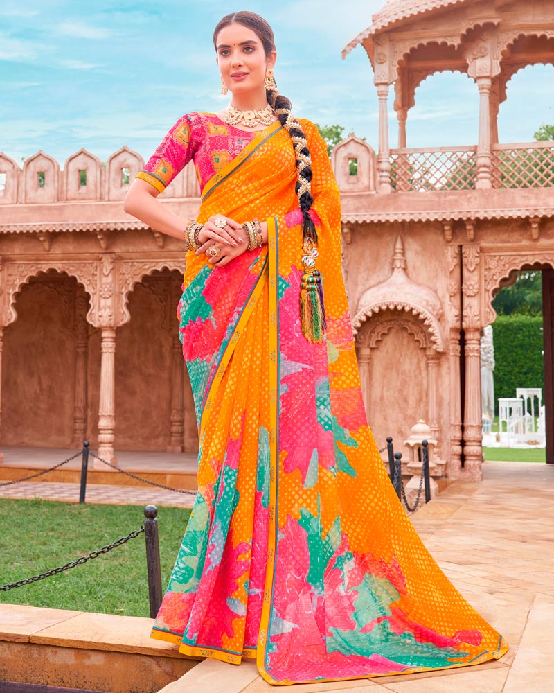 Vishal Prints Dusty Orange And Mandy Pink Fancy Chiffon Traditional Print Saree With Foil Print And Fancy Border