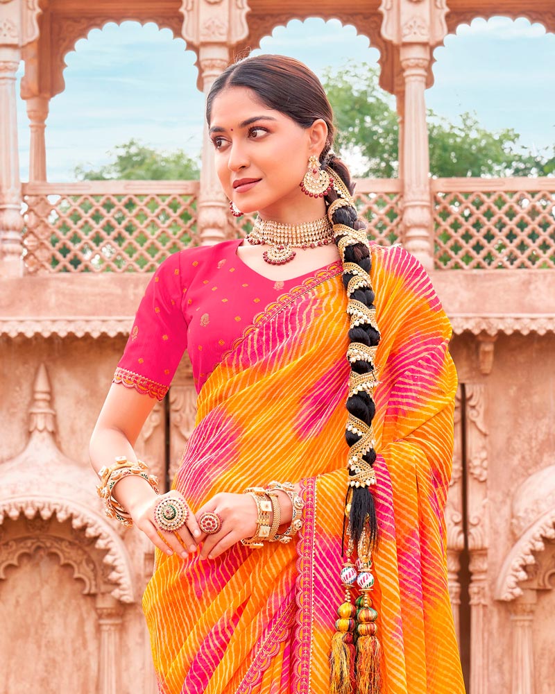 Vishal Prints Carrot Orange And Rose Pink Fancy Chiffon Traditional Print Saree With Foil Print And Cut Work Border