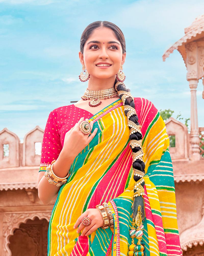 Vishal Prints Dark Yellow And Amaranth Pink Fancy Chiffon Traditional Print Saree With Foil Print And Fancy Border
