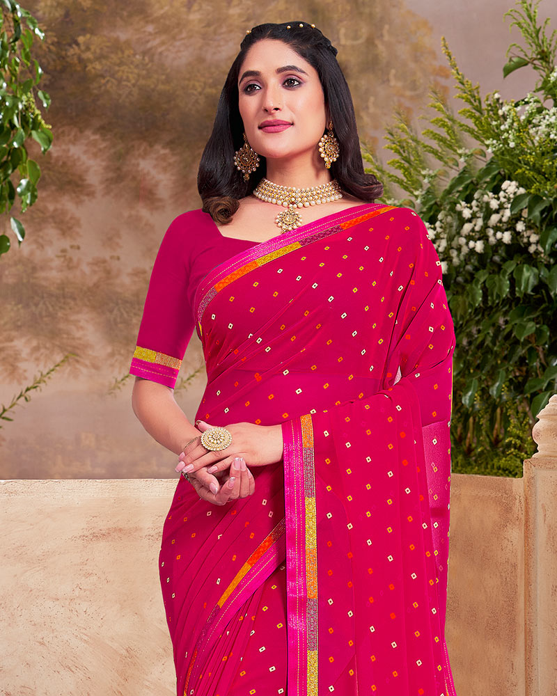 Vishal Prints Red Pink Printed Georgette Saree With Fancy Border