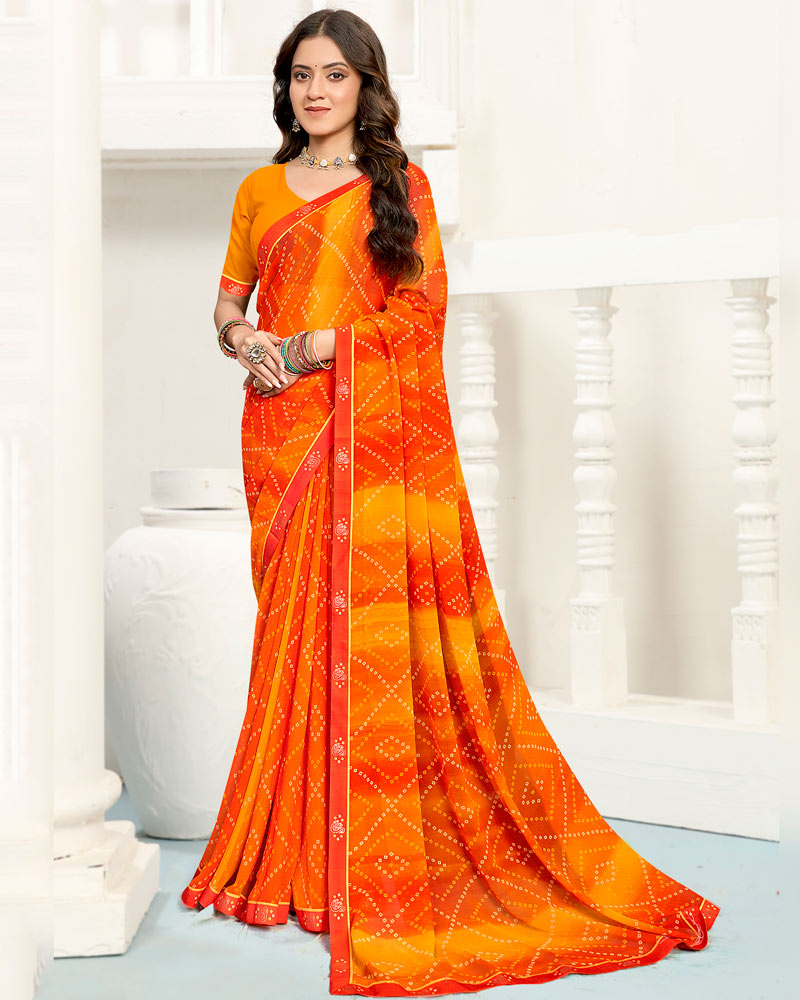 Vishal Prints Bright Orange Printed Georgette Saree With Fancy Border