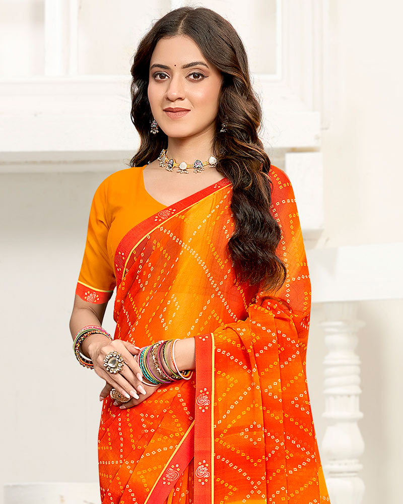 Vishal Prints Bright Orange Printed Georgette Saree With Fancy Border