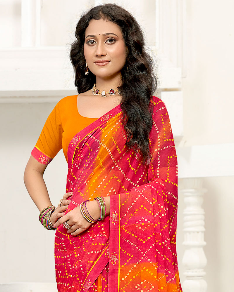 Vishal Prints Reddish Pink Printed Georgette Saree With Fancy Border