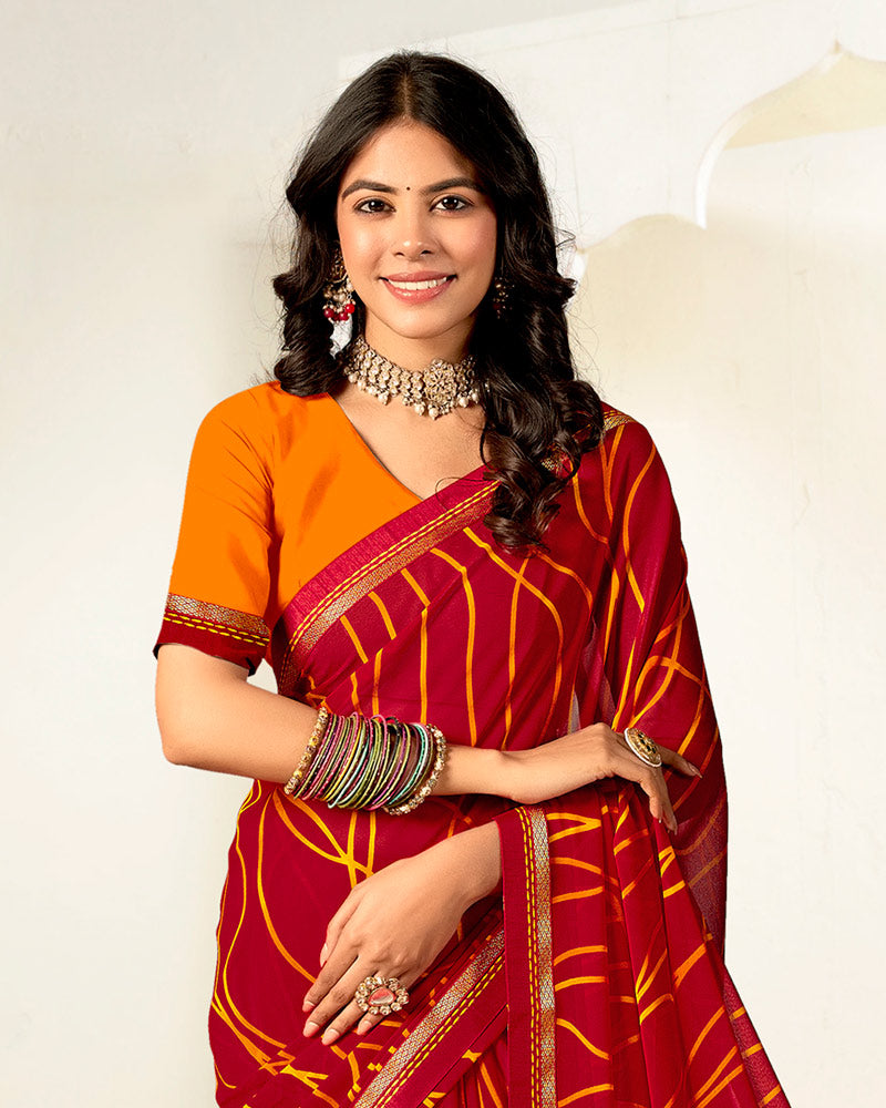 Vishal Prints Crimson Red Printed Georgette Saree With Fancy Border