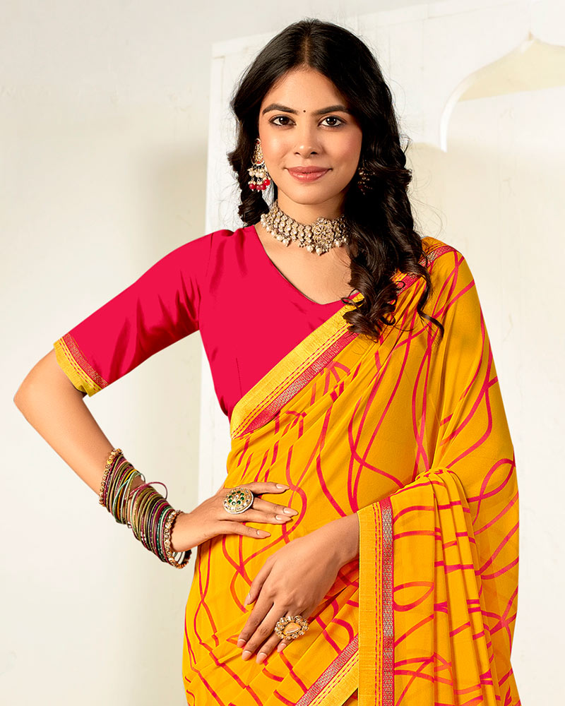 Vishal Prints Golden Yellow Printed Georgette Saree With Fancy Border