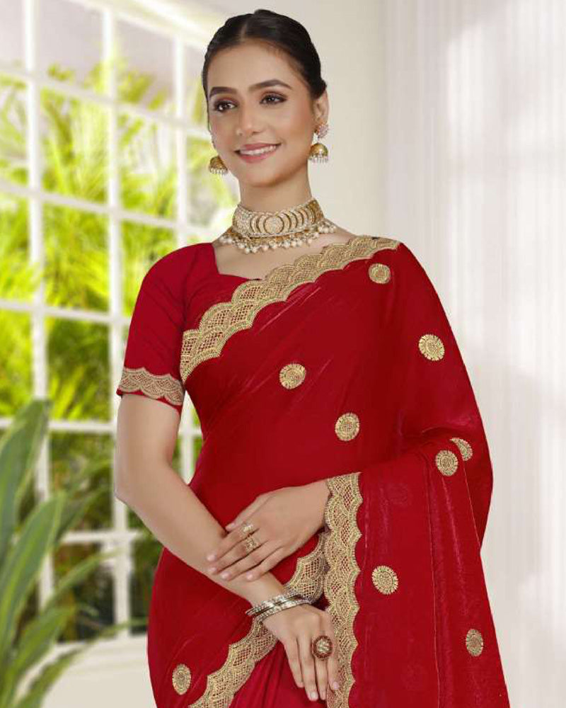 Vishal Prints Chilli Red Fancy Satin Saree With Embroidery-Swarovski Zari Butta And Cut Work Border