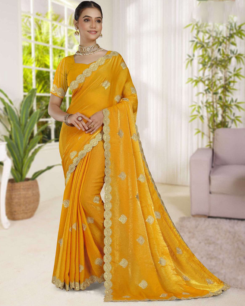 Vishal Prints Golden Yellow Fancy Satin Saree With Embroidery-Swarovski Zari Butta And Cut Work Border