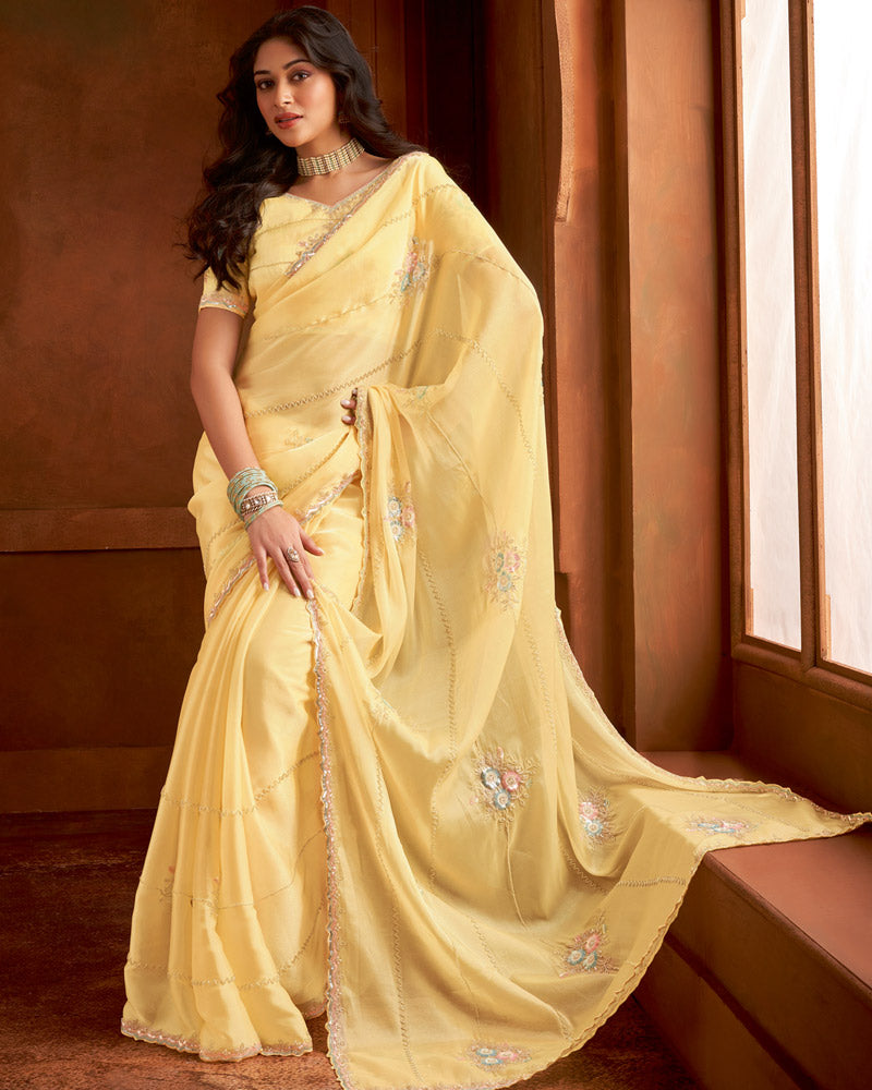 Vishal Prints Light Yellow Fancy Satin Saree With Embroidery Moti-Cut Dana Work And Cut Work Border
