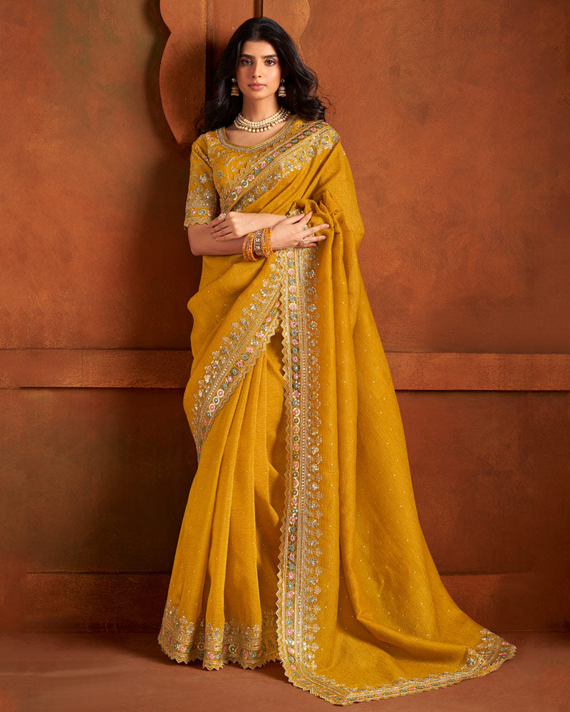 Mustard Aari Work Saree Fancy Fabric with Intricate Hand Embroidery and Blouse - Buy