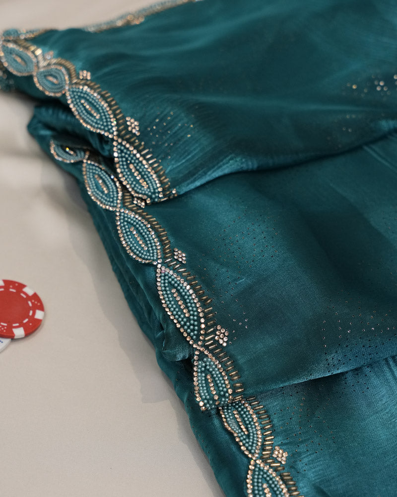 Vishal Prints Jade Green Tissue Organza Saree With Diamond Work And Cut Work Border