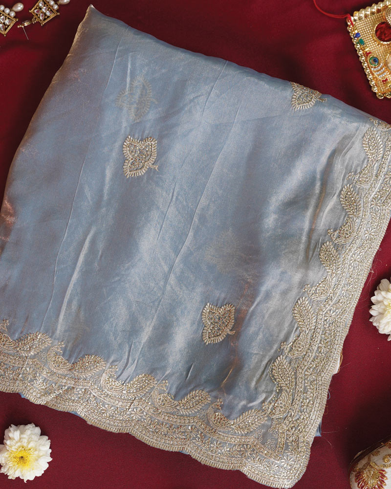 Vishal Prints Greyish Blue Designer Fancy Satin Saree With Embroidery-Diamond Work And Cut Work Border