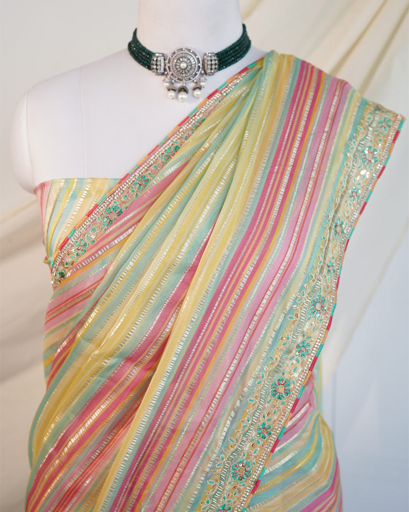 Multicolored Designer Viscose Saree With Zari Lining, Embroidery-Diamond Work And Fancy Border