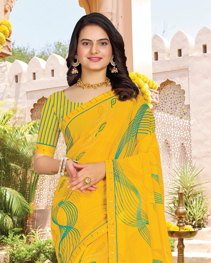 Vishal Prints Golden Yellow Printed Georgette Saree With Fancy Border