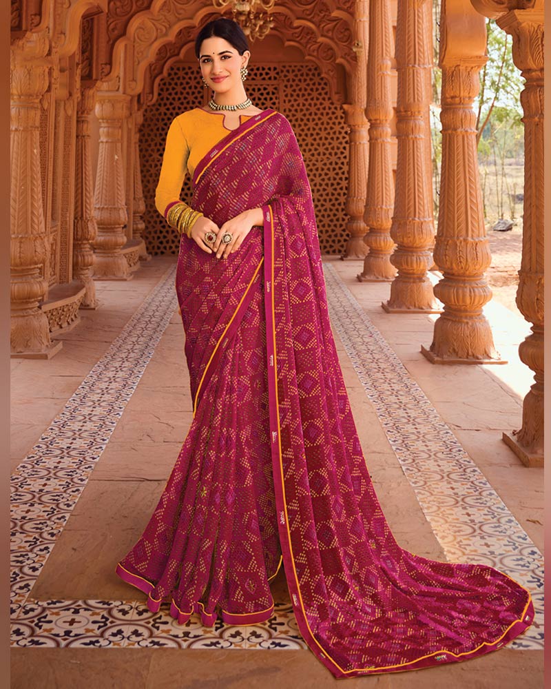 Vishal Prints Purplish Red Printed Chiffon Saree With Fancy Border