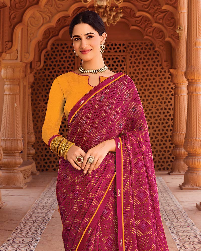 Vishal Prints Purplish Red Printed Chiffon Saree With Fancy Border