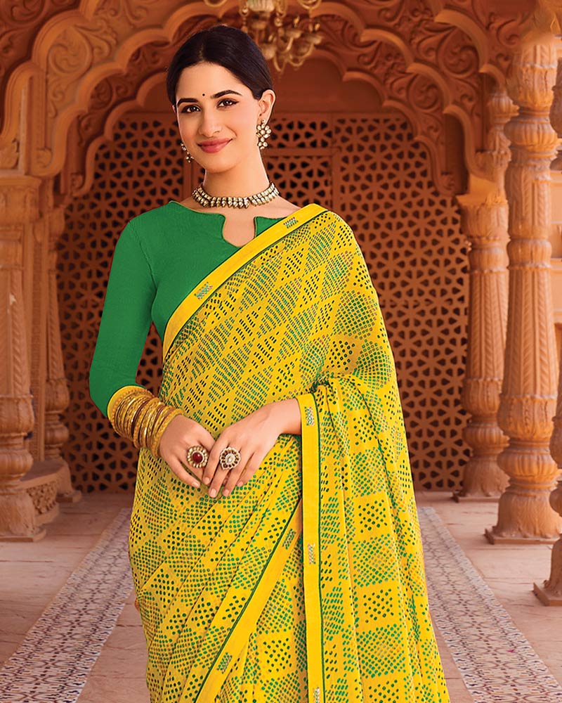 Vishal Prints Golden Yellow Printed Chiffon Saree With Fancy Border