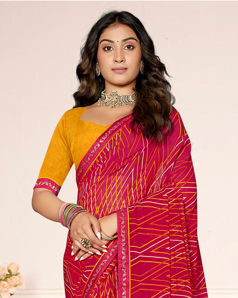 Vishal Prints Deep Rani Pink Printed Georgette Saree With Fancy Border
