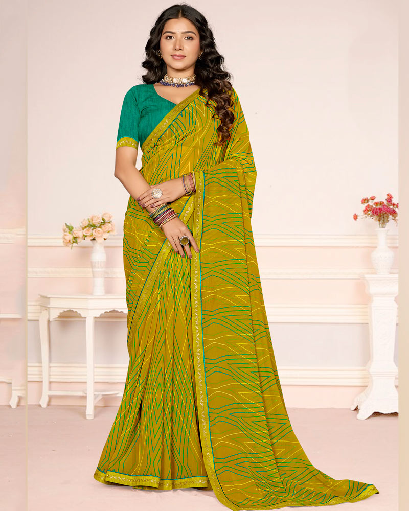 Vishal Prints Mehandi Green Printed Georgette Saree With Fancy Border