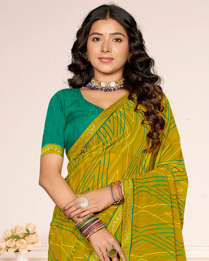 Vishal Prints Mehandi Green Printed Georgette Saree With Fancy Border