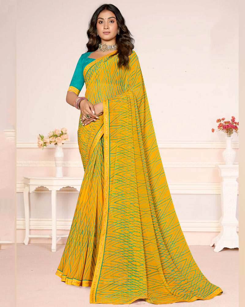 Vishal Prints Bright Yellow Printed Georgette Saree With Fancy Border