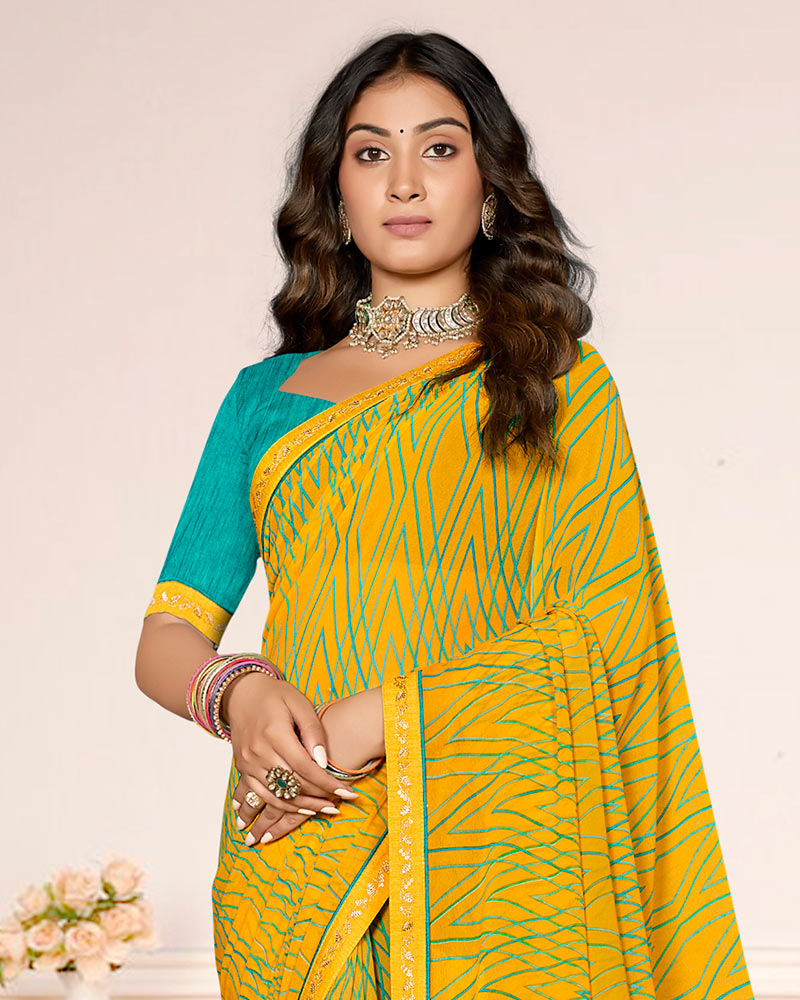 Vishal Prints Bright Yellow Printed Georgette Saree With Fancy Border