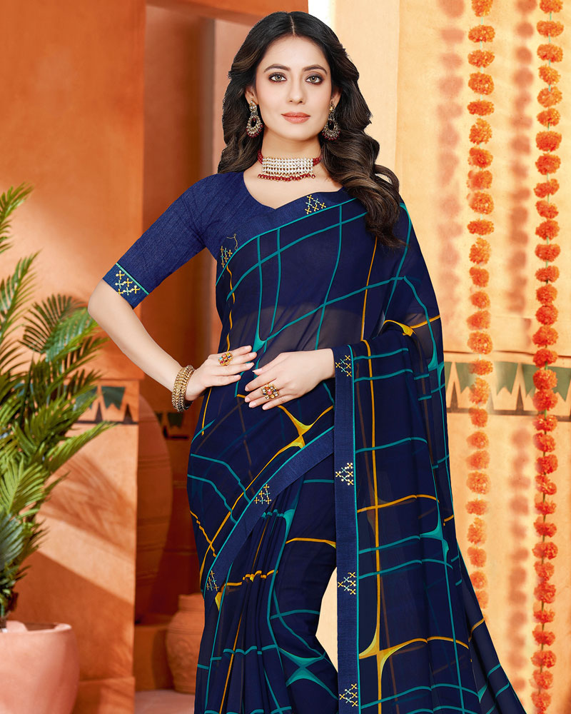 Vishal Prints Navy Blue Printed Georgette Saree With Fancy Border