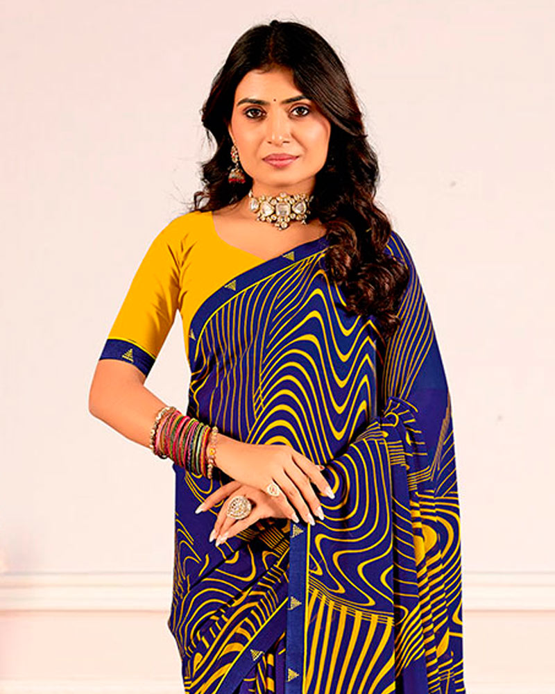 Vishal Prints Dark Indigo Blue Printed Georgette Saree With Fancy Border