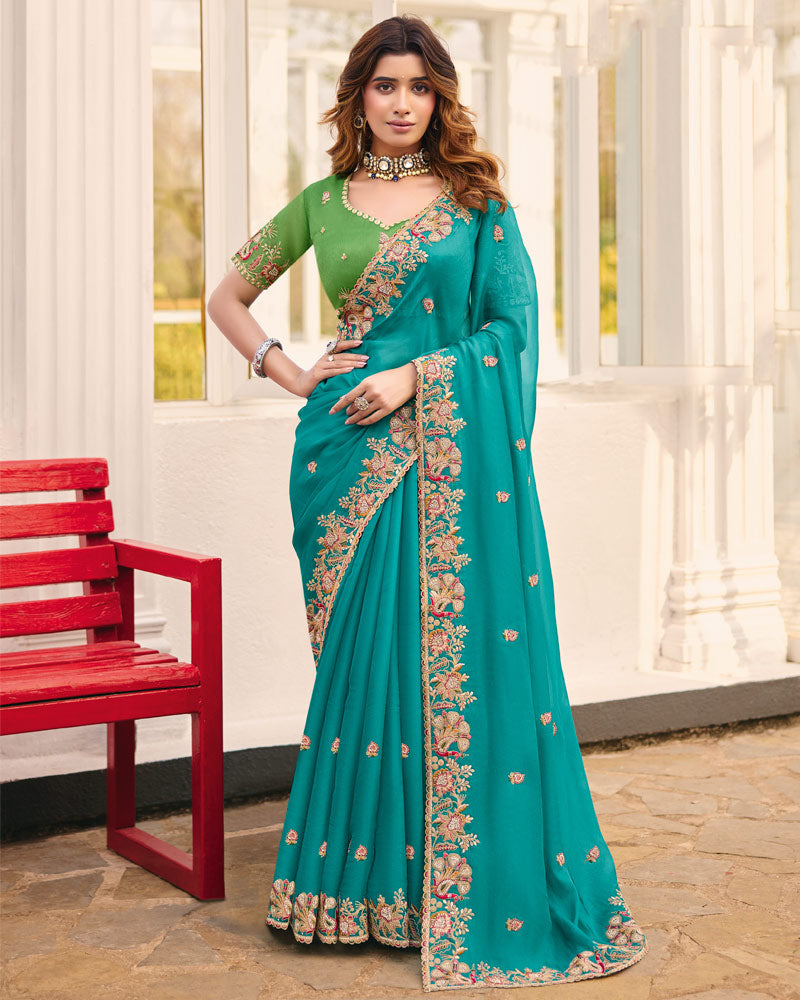 Deep Teal Blue Designer Chiffon Saree With Embroidery-Diamond Work And Cut Work Fancy Border