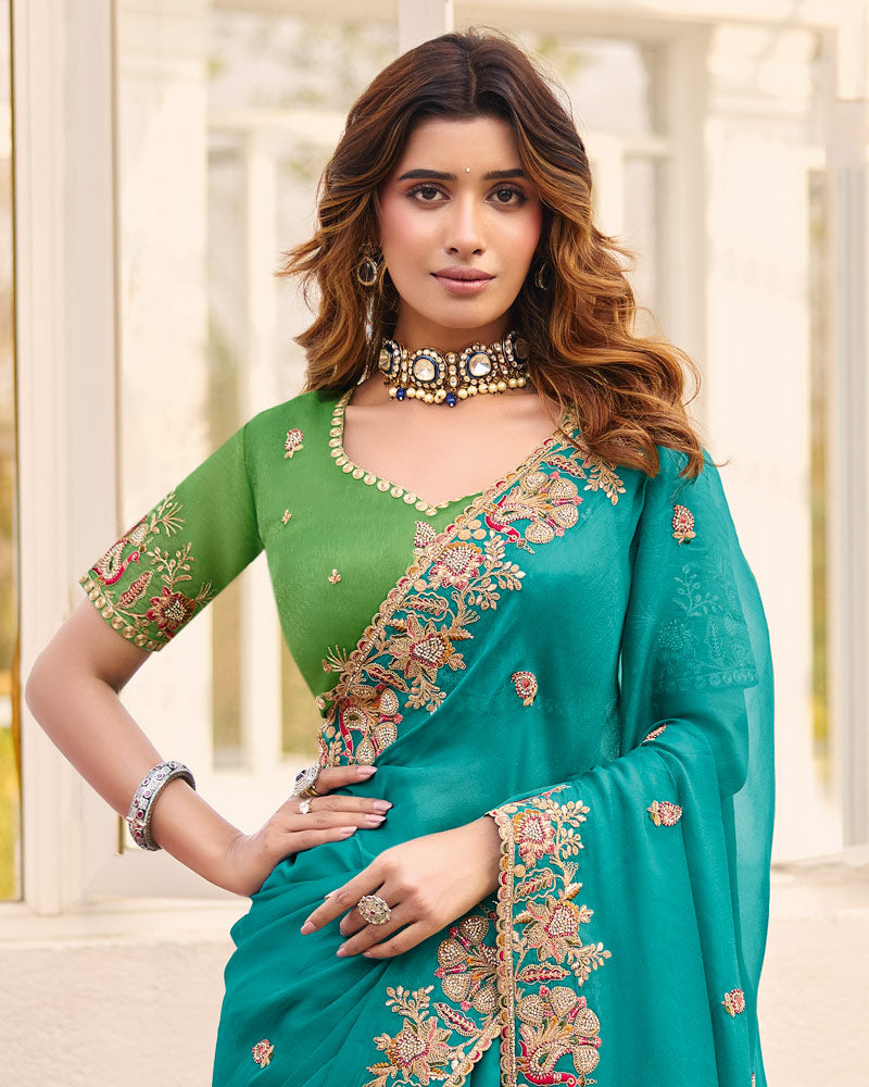 Deep Teal Blue Designer Chiffon Saree With Embroidery-Diamond Work And Cut Work Fancy Border