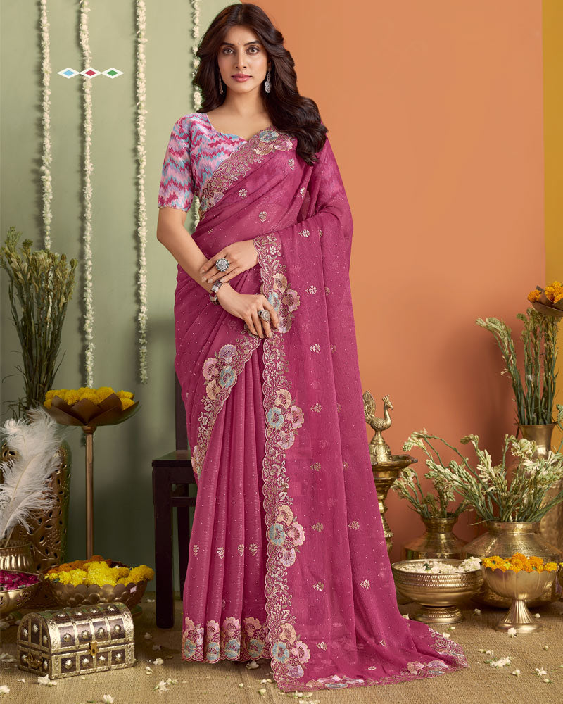 Dusty Magenta Designer Chiffon Saree With Embroidery-Diamond Work And Cut Work Fancy Border