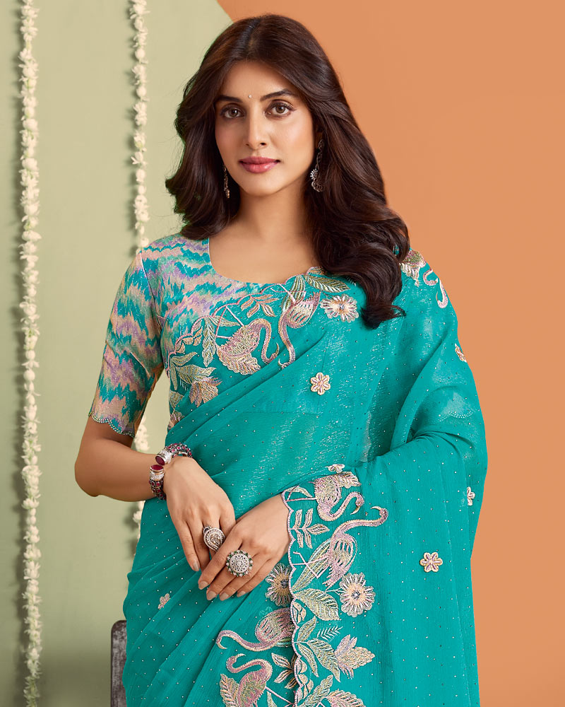 Teal Green Designer Chiffon Saree With Embroidery-Diamond Work And Cut Work Fancy Border